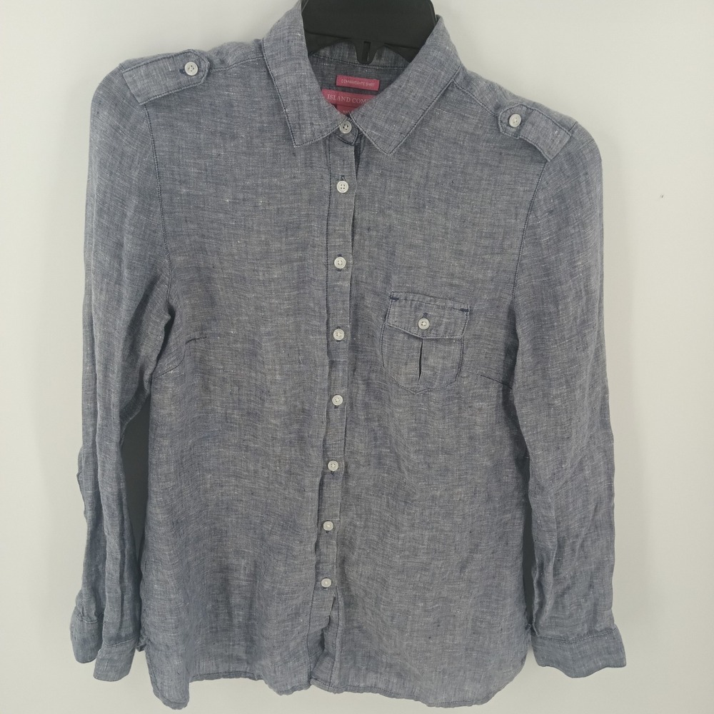 Island Company Commandante Blue Linen Button Down Shirt XS Epaulettes 20160001